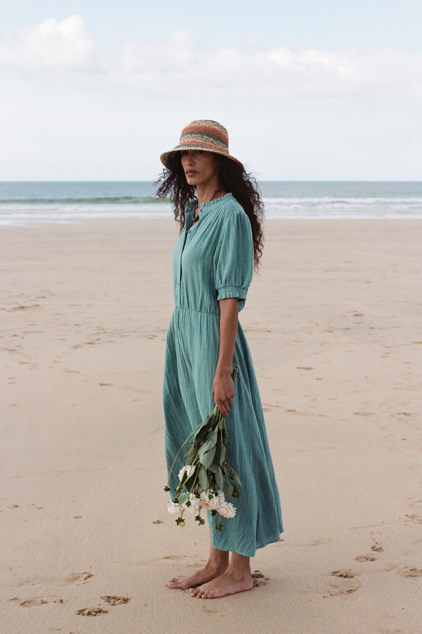 Shore Path Half-Sleeve GOTS Organic Cotton Midi Dress